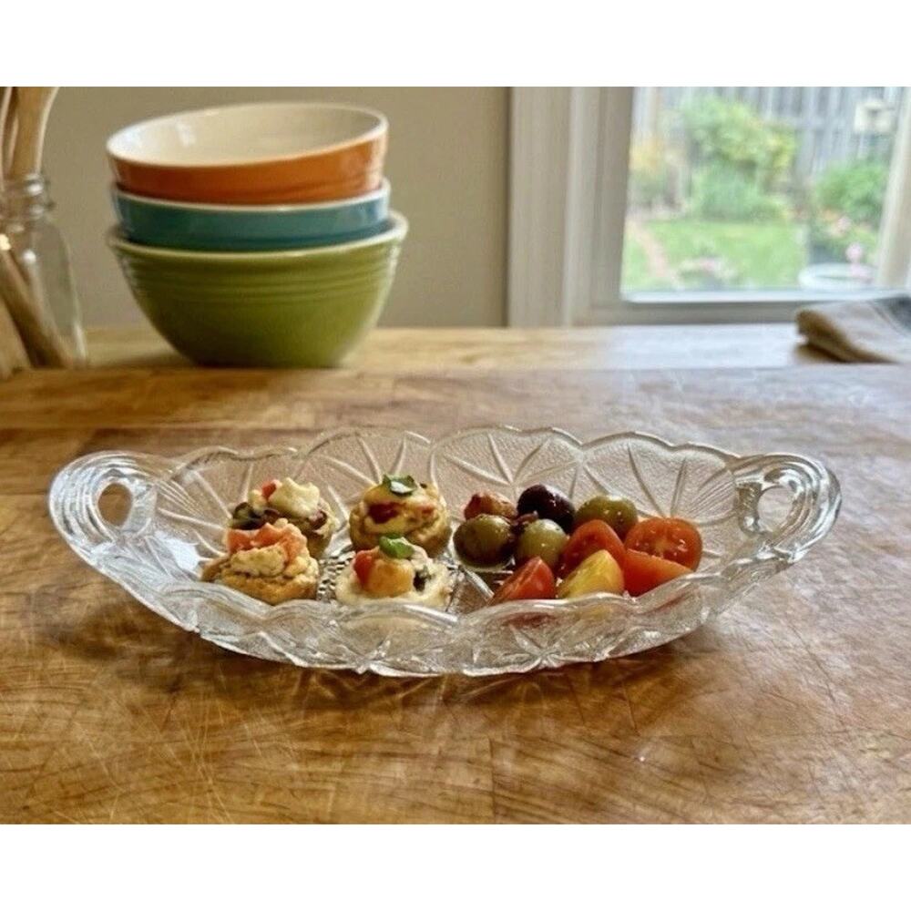 Indiana Glass Lily Pons Relish Dish Clear Pressed Glass Vintage Floral Pattern
